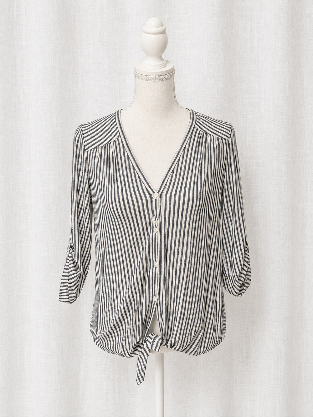 Max Studio Black and White Striped Button-Front Tie Blouse